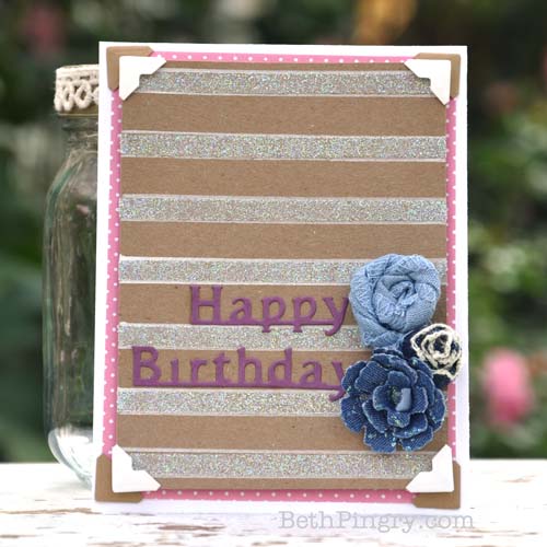 Birthday card with glittered stripes by Beth Pingry.