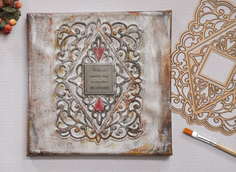 Mixed media canvas using Bella Diamante die from Amazing Paper Grace and Spellbinders, by Beth Pingry.